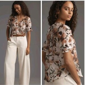 Cloth & Stone ANTHROPOLOGIE Short-Sleeve Ruffle Tie-Neck Top Small Brown Floral